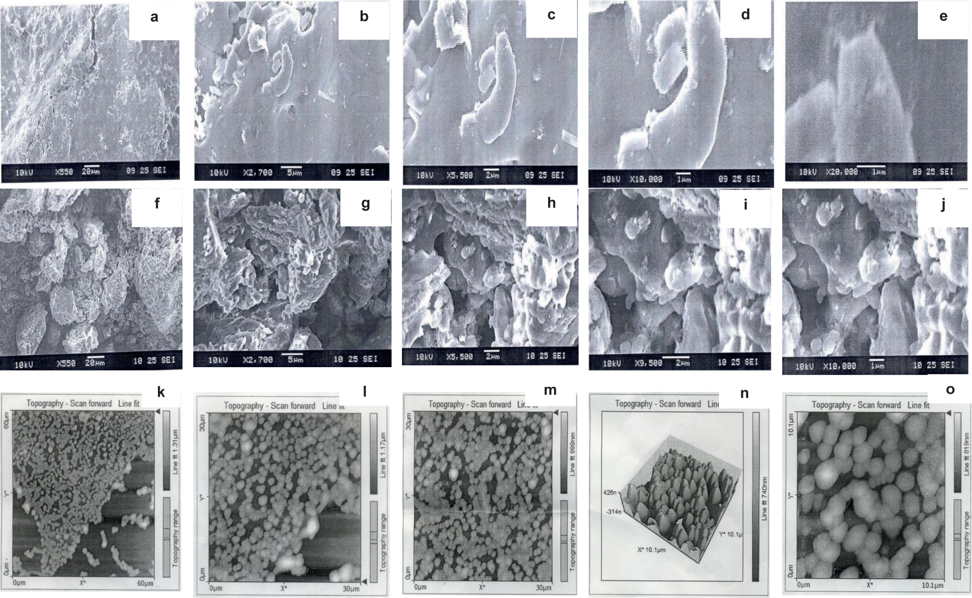 Figure 4 Scanning electron micrographs, a-e) P. cerasifera mediated ZnO nano falcate calcined at 200°C, f-j) P. cerasifera mediated ZnO nano falcate calcined at 400°C, k-o) Atomic force micrographs of P. cerasifera mediated ZnO nano falcate in 2D and 3D structures.