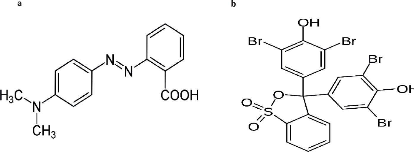 Figure 5 Chemical structures of target dyes a) methyl red and b) bromophenol blue.