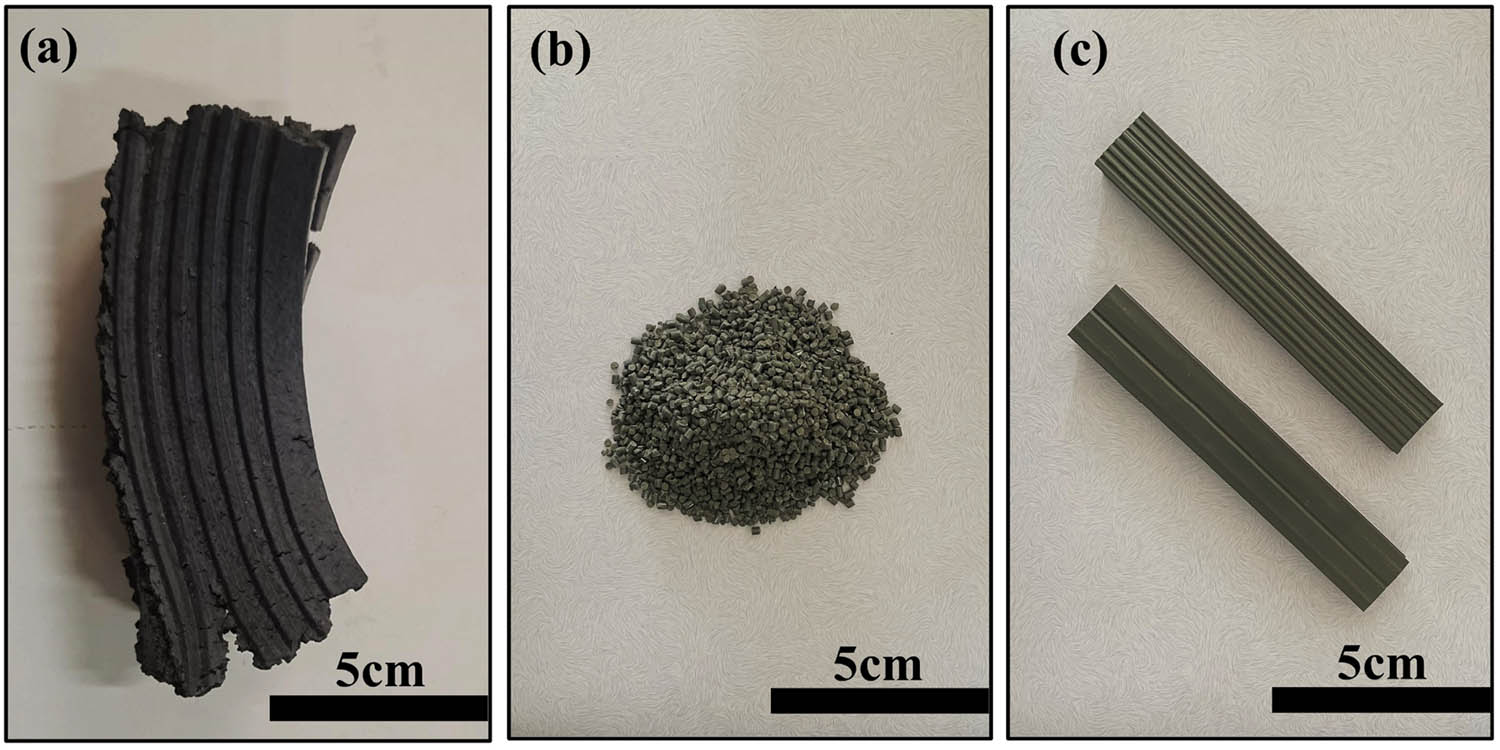 Figure 5
Macroscopic images of (a) unmodified r-PVC/CFA composites, (b) modified r-PVC/CFA-P, and (c) modified r-PVC/CFA composites.