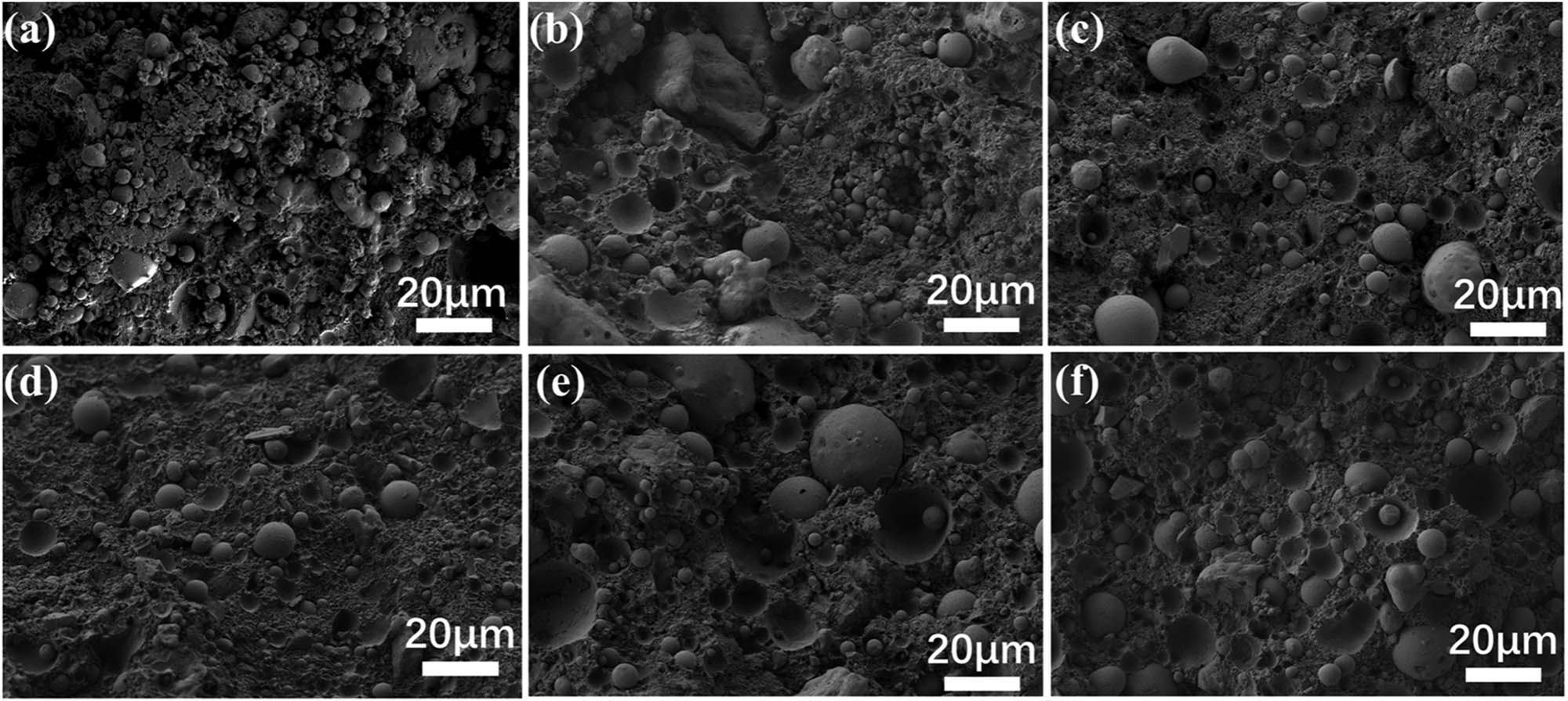 Figure 6
SEM images of (a) unmodified r-PVC/CFA composites, (b) modified r-PVC/CFA-P (80 phr CFA), and (c)–(f) r-PVC/CFA-X composites varied with X (40, 60, 80, and 100).