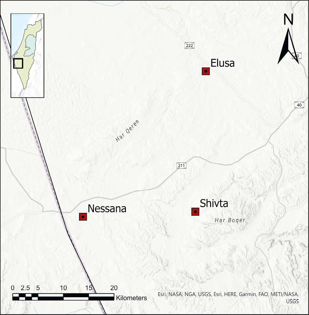 Fig. 1: Map of the north-western Negev and its vicinity with the city of Elusa and the settlements of Nessana and Shivta indicated. The map was created by using ArcGIS Pro 2.9.3.