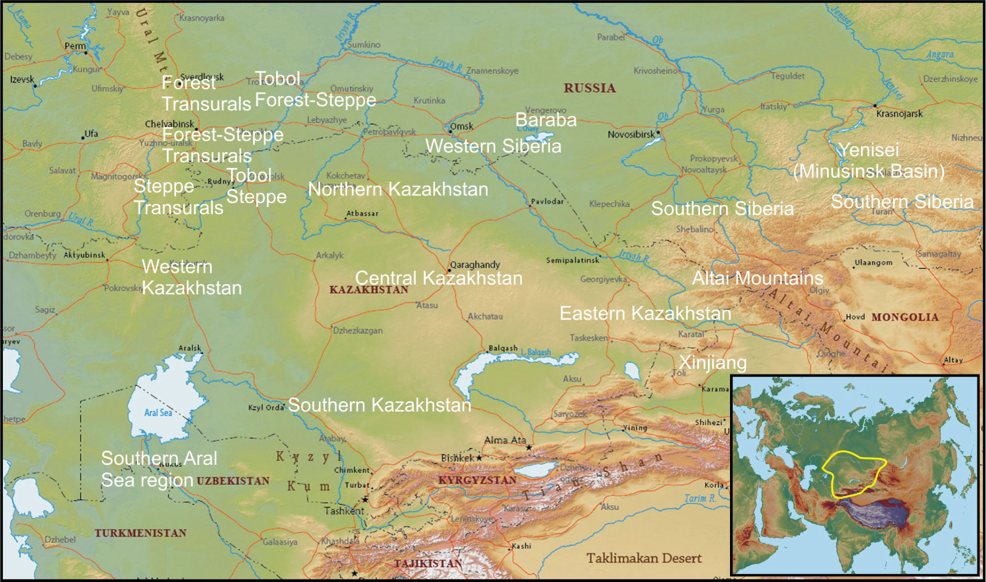 Figure 1 The distribution area of the Andronovo sites on the map of Eurasia and geographical areas mentioned in the text.