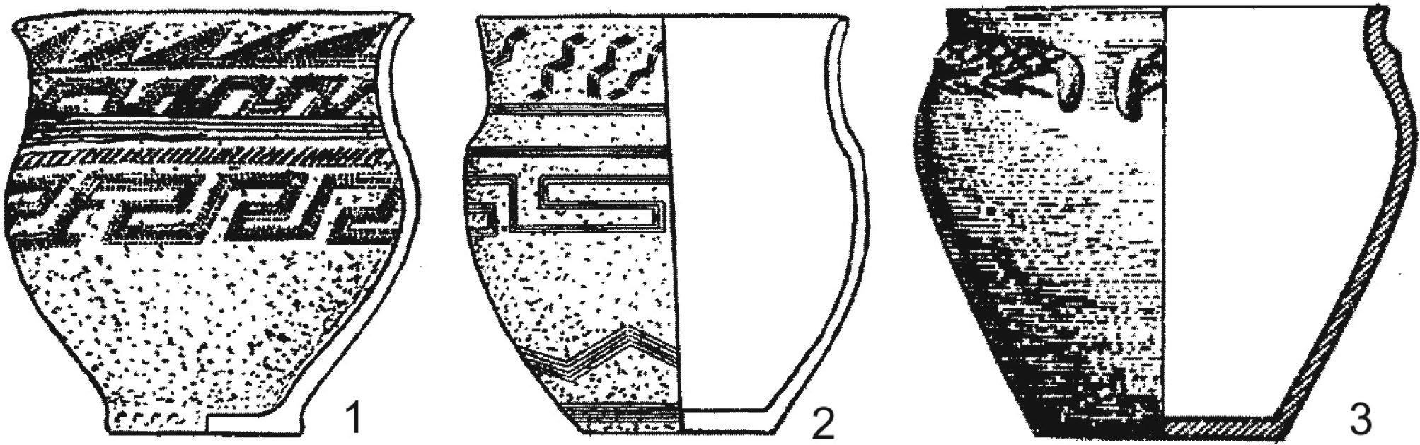 Figure 2 The basic principles of dividing the Andronovo ceramics in early studies: Fyodorovka (1 – cemetery of Putilovskaya Zaimka), Alakul (2 – cemetery of Baklanskoe) and Sargari (3 – Sargari settlement) ceramics (1, 3 – after Zdanovich, 1988; 2 – after Potemkina, 1985).