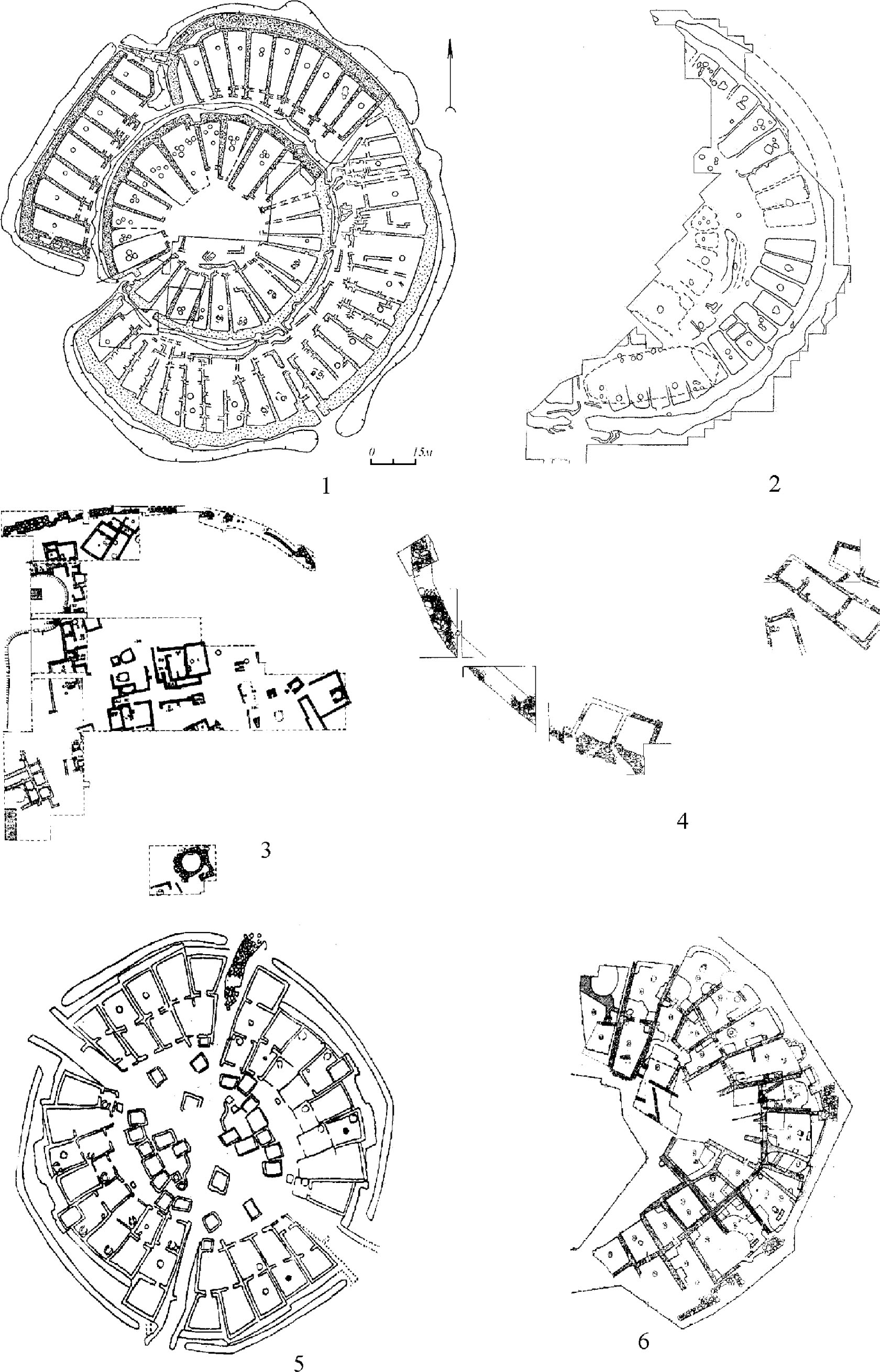 Figure 14 Sintashta fortified settlements (1, 2) and their analogues in Anatolia (3–6): 1 – Arkaim, 2 – Sintashta, 3 – Tüllintepe; 4 – Heraion; 5 – Demircihöyük; 6 – Pulur (1 – after Zdanovich, 1997; 2 – after Gening, Zdanovich, & Gening, 1992; 3–6 – after Korfmann, 1983; Grigoriev, 2002).