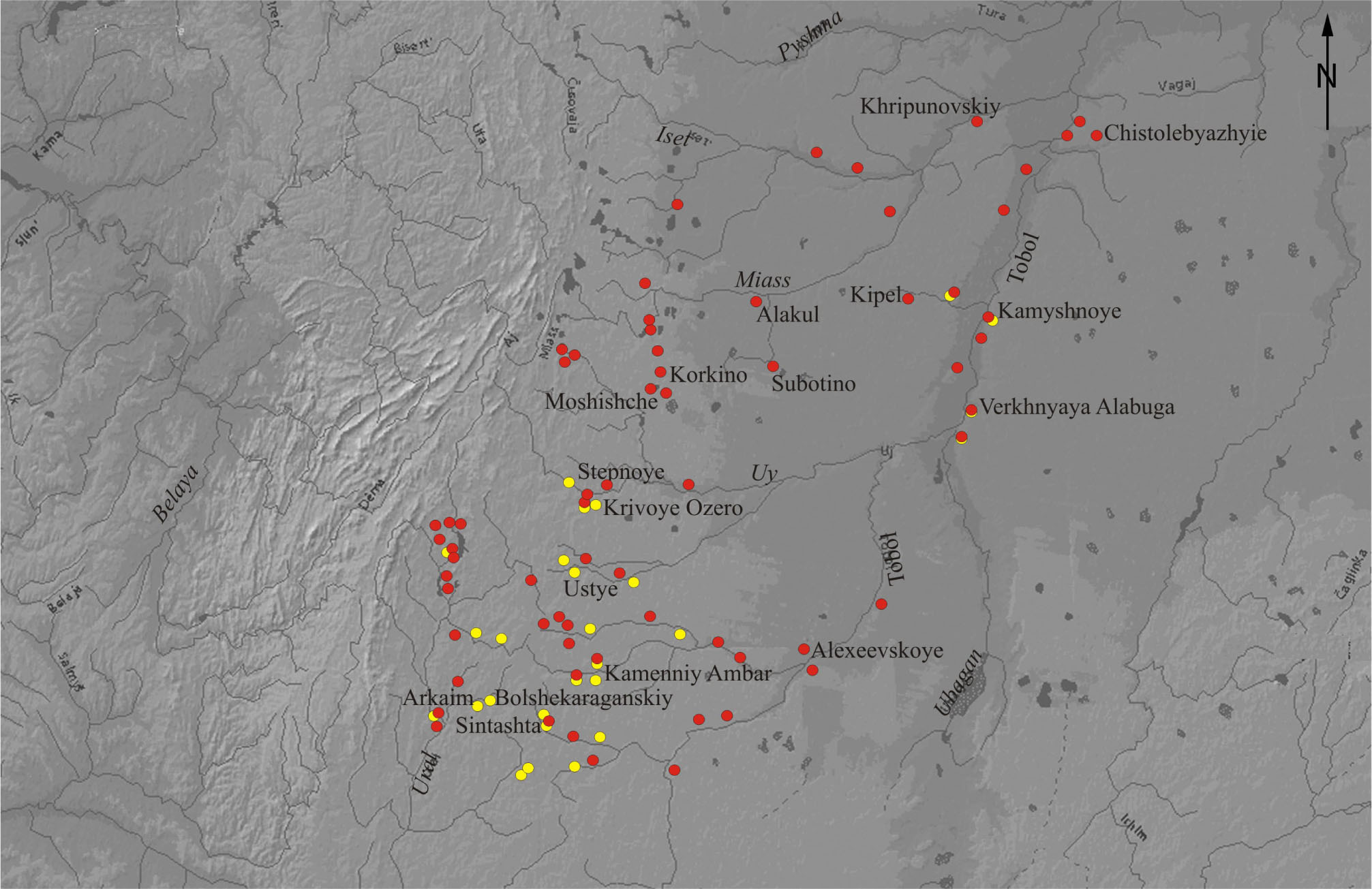 Figure 17 Map of the distribution of Sintashta (yellow circles) and Alakul (red circles) sites in the Transurals. The border between the steppe and forest-steppe is along the Uy River (after Grigoriev, 2008).