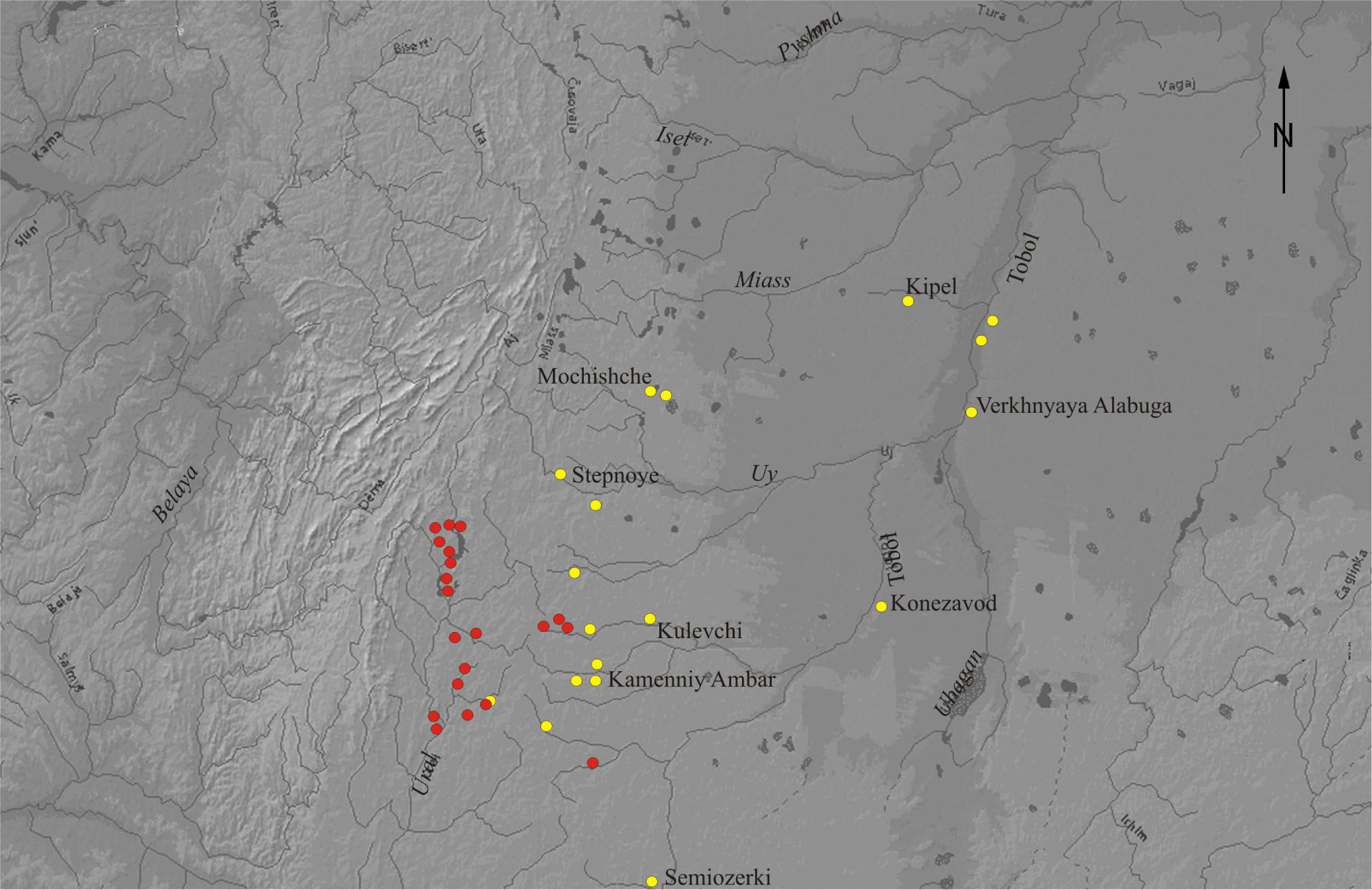 Figure 19 Distribution of Petrovka (yellow circles) and Early Srubnaya and Srubnaya-Alakul (red circles) sites in the Southern Transurals. The border between the steppe and forest-steppe is along the Uy River (after Grigoriev, 2008).