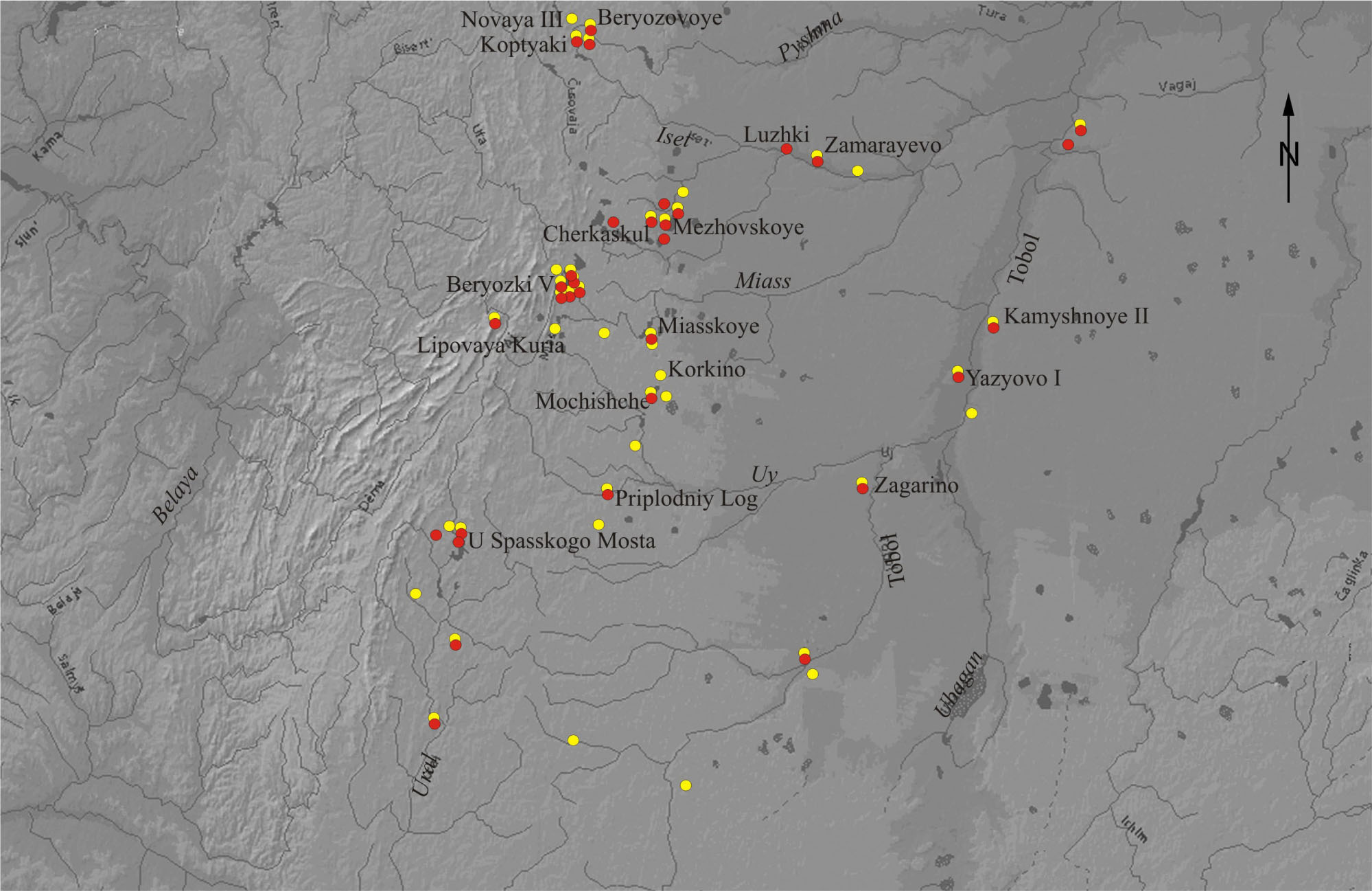 Figure 23 Map of the distribution of Cherkaskul (yellow circles) and Mezhovka (red circles) sites in the Southern Transurals. The border between the steppe and forest-steppe is along the Uy River and along the Ural Mountains (after Grigoriev, 2008).