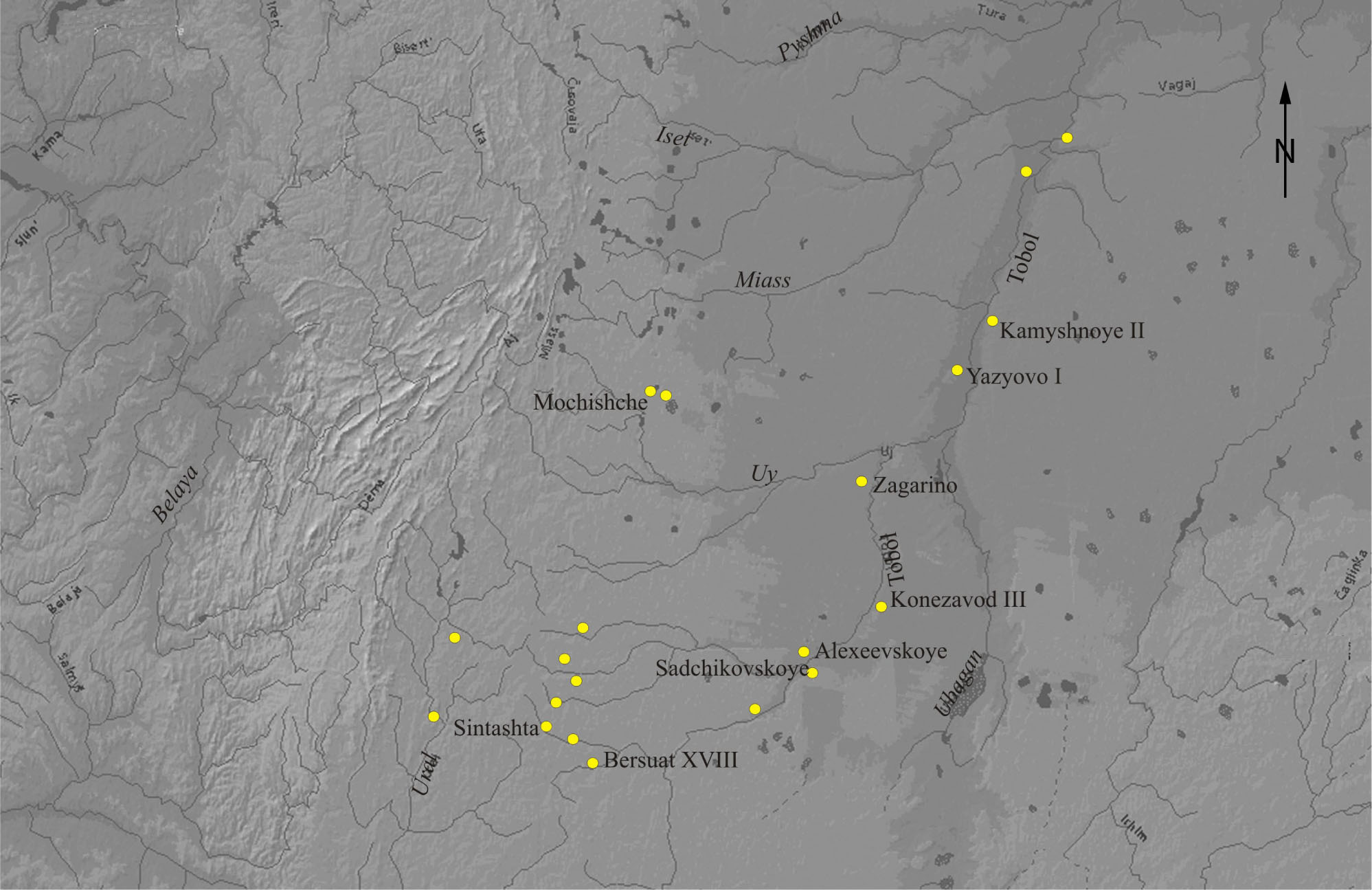 Figure 24 Map of the distribution of Sargari sites in the Southern Transurals. The border between the steppe and forest-steppe is along the Uy River (after Grigoriev, 2008).