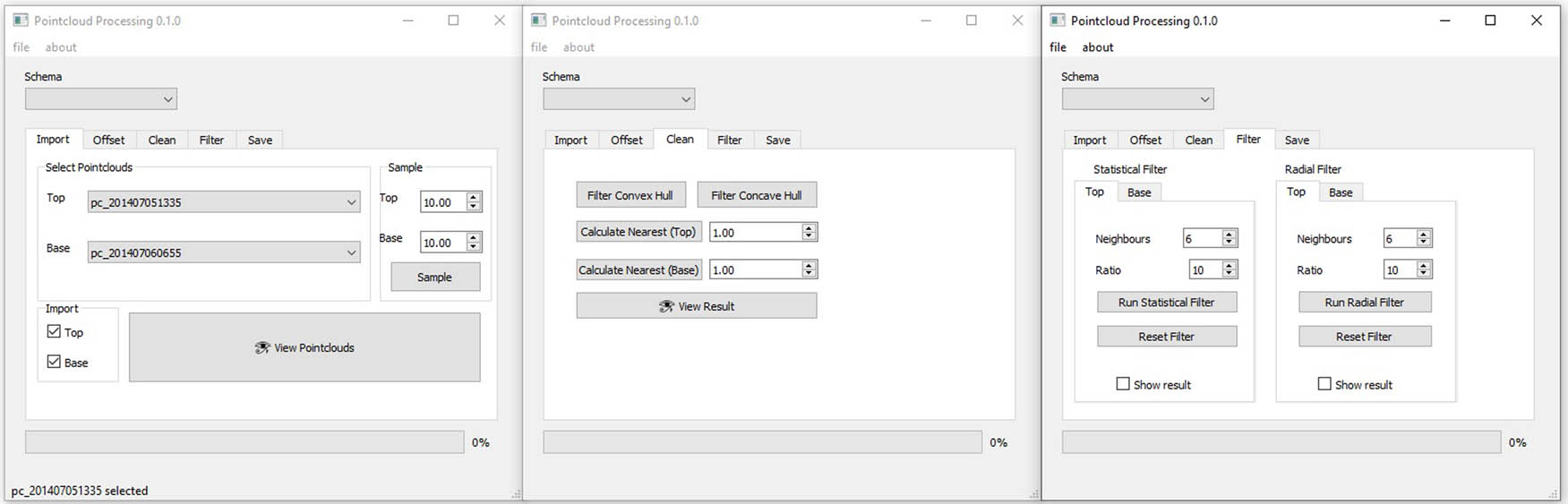 Figure 4
Examples of the PCPro GUI, showing import, cleaning, and filtering tabs.