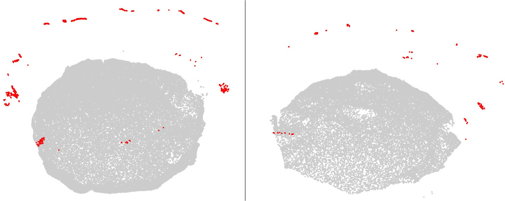 Figure 8
Visualisation of the outlier point removal process, with outlier points to be removed shown in red. Left: top point cloud. Right: bottom point cloud.