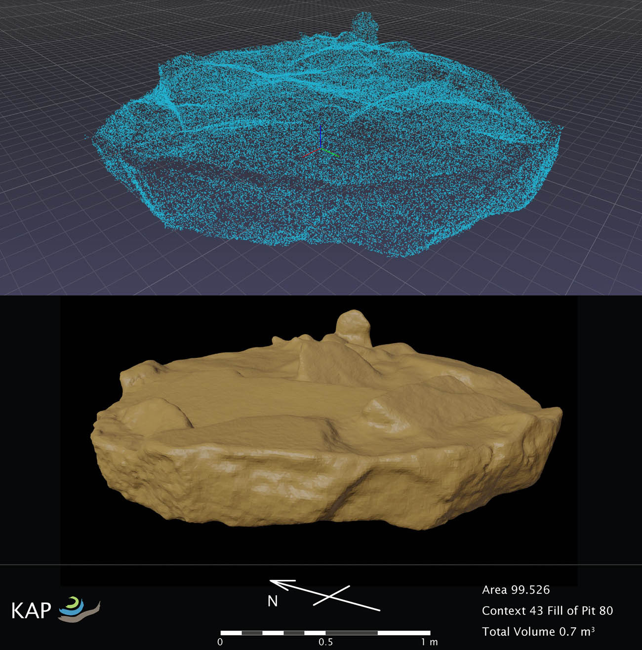 Figure 9
Visualisation of the result of cleaning and merging the top and bottom point clouds of KAP spatial context 99.526.43. Top: the 3D semantic point cloud. Bottom: the same, converted to a solid geometry volume.