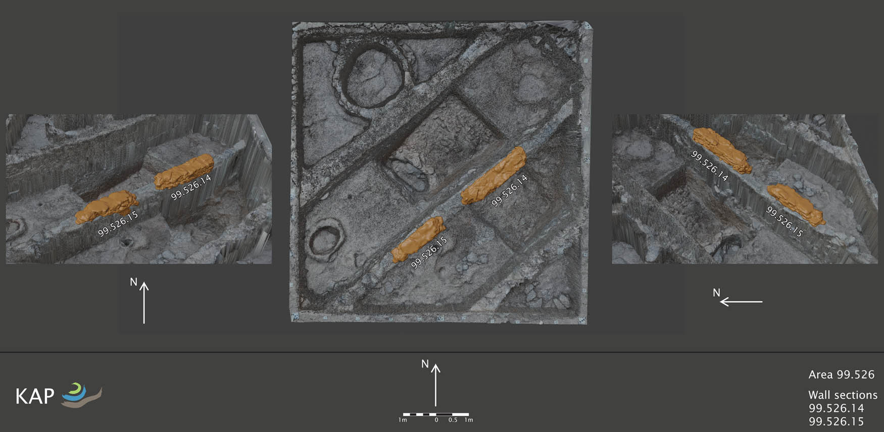 Figure 11
Visualisation of the post-excavation surface model of area 99.526 with solid geometry volumes. The orange elements are secondary wall additions 99.526.14 (0.497 m3) and 15 (0.252 m3), which were removed during the course of excavation. They are situated “in digital situ” atop wall 99.526.51, which is displayed as a surface rather than a volume because it was never removed and remains standing (“in real situ”). Middle: top-down view with north at the top. Left and right: oblique views to north and east, respectively.
