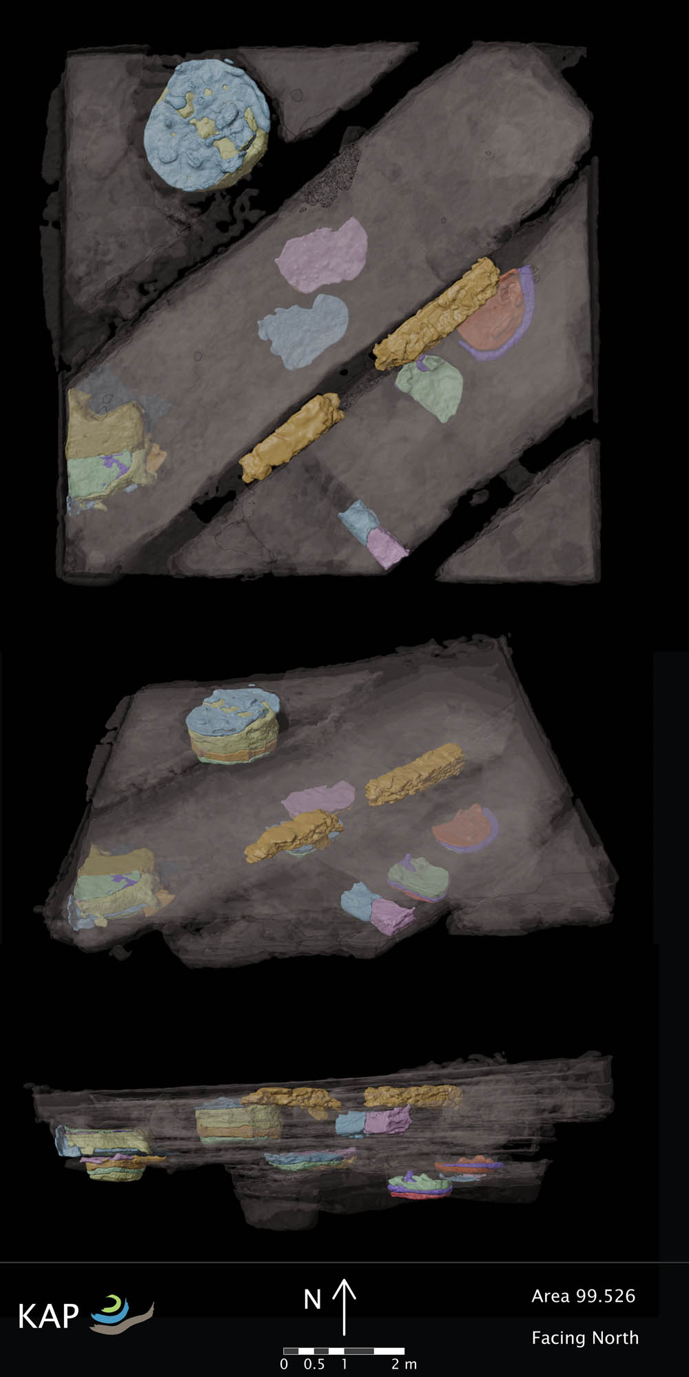 Figure 15
Visualisations of selected contexts in area 99.526 to demonstrate display challenges and the use of relative transparencies. Top: top-down view with north at the top. Middle: oblique view to north. Bottom: horizontal view to north.