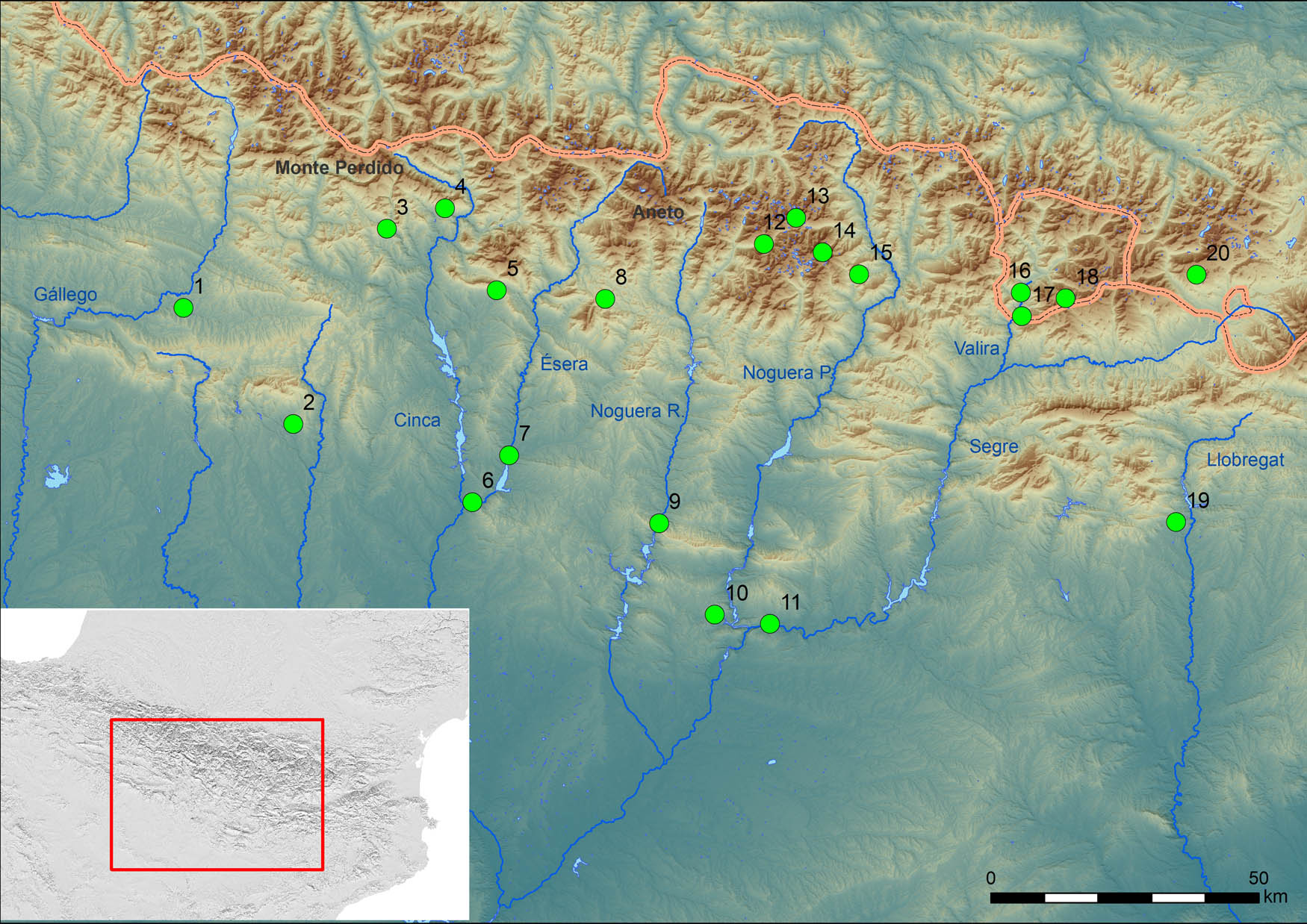 Figure 1
Geographical framework and sites cited in the text. (1) Abrigo de l’Esplugón; (2) Cueva de Chaves; (3) Cueva Lóbrica; (4) Coro Trasito; (5) La Puyascada; (6) Cueva del Moro de Olvena; (7) Abrigo de las Forcas II; (8) Els Trocs; (9) Cova Colomera; (10) Cova Gran; (11) Cova del Parco; (12) Cova del Sardo; (13) Obagues de Ratera; (14) Abric de l’Estany de la Coveta I; (15) Dolmen de la Font dels Coms; (16) Balma de la Margineda; (17) Camp del Colomer; (18) Orris de la Torbera de Perafita I; (19) Font del Ros; and (20) Pla del Orri.