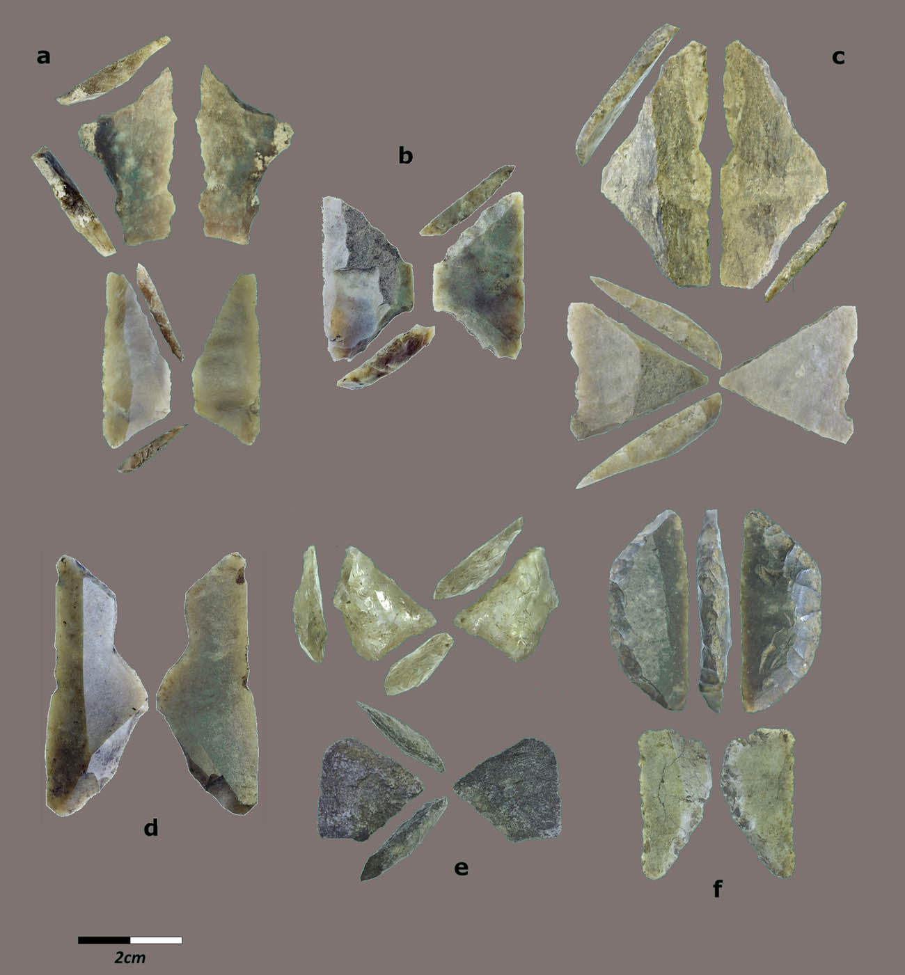 Figure 3
Geometric microliths from the second phase of occupation at Obagues de Ratera (5732–5638 cal BCE). Legend: (a) trapezes (direct abrupt retouch), (b) trapeze (alternate abrupt retouch), (c) trapeze (alternate abrupt retouch), (d) triangle (direct abrupt retouch), (e) triangles (double-bevelled), and (f) segments (double-bevelled).