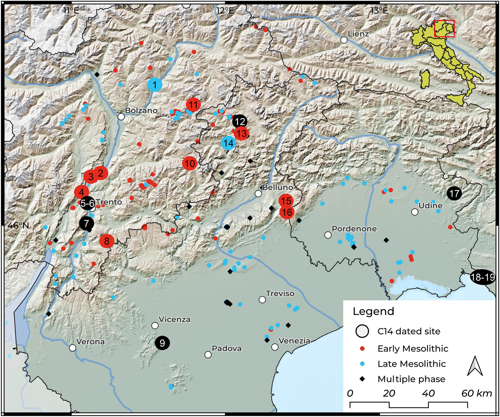 Figure 1
Distribution of the Mesolithic sites in the study region (map data from: https://doi.org/10.13127/TINITALY/1.0). Sites indicated with numbers are those for which radiocarbon dates are available and are as follows: (1) Villandro, (2) Galgenbühel, (3) Mezzocorona Borgonuovo, (4) Vatte di Zambana, (5) Riparo Pradestel, (6) Riparo Gaban, (7) Romagnano Loc III, (8) Riparo La Cogola, (9) Grottina dei Covoloni del Broion, (10) Colbricon, (11) Plan de Frea, (12) Mondeval de Sora – VF1, (13) Casera Staulanza, (14) Pian de la Lora, (15) Palughetto, (16) Casera Lissandri, (17) Riparo di Biarzo, (18) Grotta Benussi and (19) Grotta dell’Edera (map elabrated with QGIS, 3.22.14 LTR).