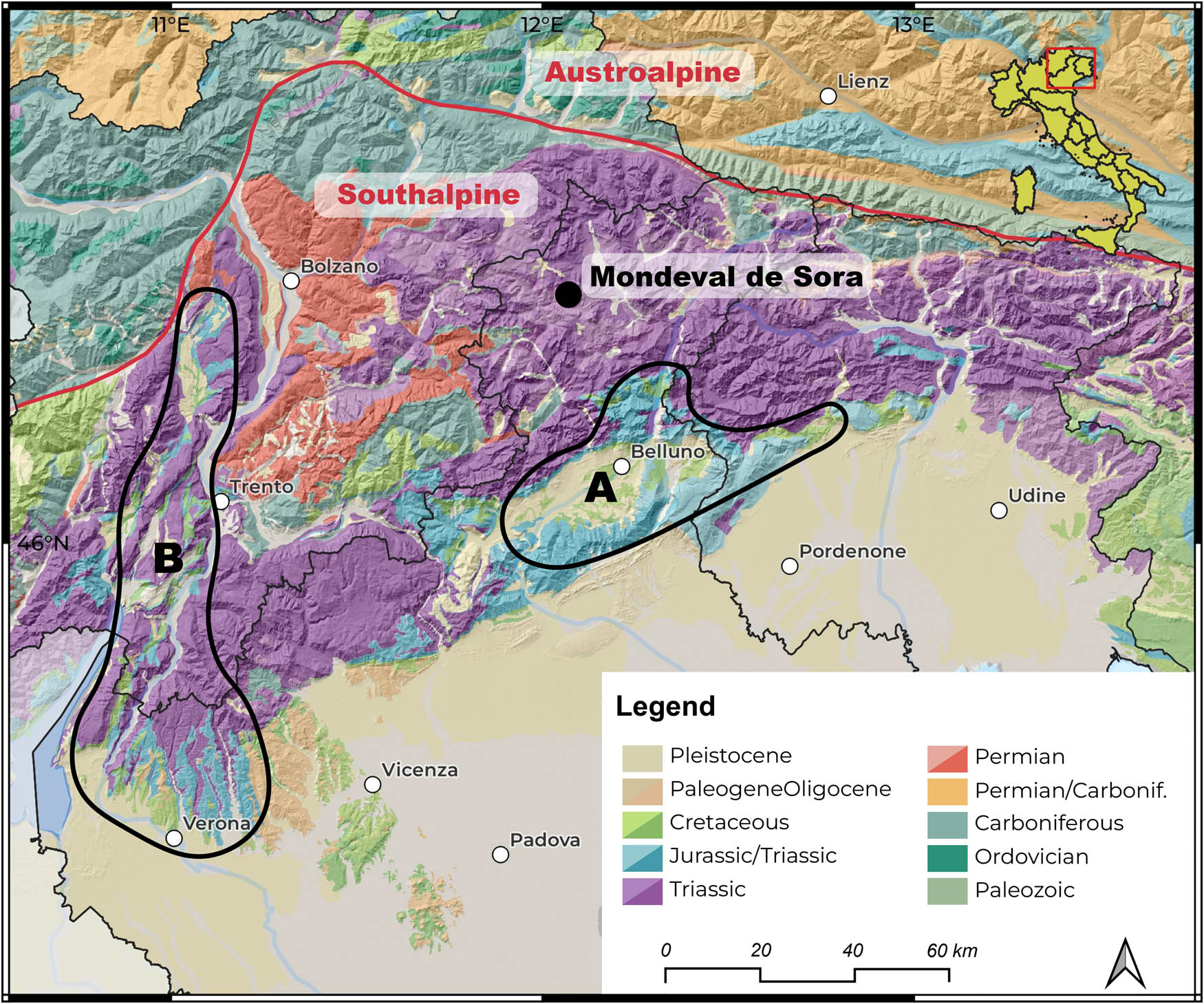 Figure 5
Main chert provisioning areas identified at the site of Mondeval de Sora. Sauveterrian (A): Belluno-Friulian Pre-Alps; Castelnovian (B): Trento-Venetian Pre-Alps (map data from: http://www.europe-geology.eu/EGDI-GE-1M-SURFACE and https://doi.org/10.13127/TINITALY/1.0).