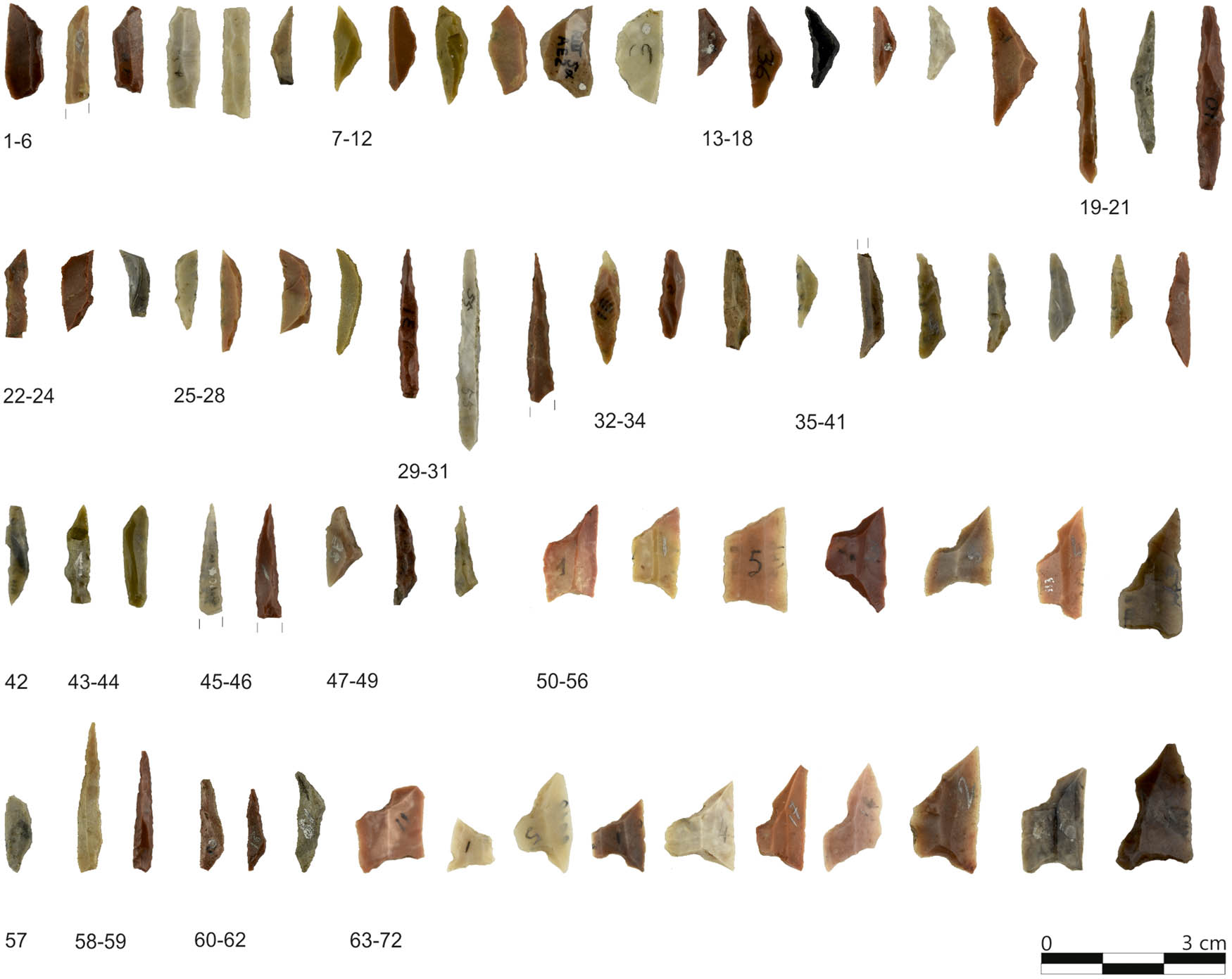 Figure 7
Romagnano Loc III rock-shelter: selection of lithic armatures from Ancient Sauveterrian, layers AF–AE (1–6 backed and truncated bladelets, 7–12 crescents, 13–17 isoscele triangles) and AC8–AC7 (18 triangle, 19–21 double backed points, cf. Sauveterre), Recent Sauveterrian, layers AC2–AC1 (22–24 backed and truncated bladelets, 25–28 crescents, 29–31 double backed points, cf. Sauveterre, 32–34 backed points, 35–41 scalene triangles), Early Castelnovian, layers AB2–AB1 (42 crescent, 43–44 backed and truncated bladelets, 45–46 double backed points, 47–49 triangles, 50–56 trapezes) and Late Castelnovian, layers AA2–AA1 (57 crescent, 58–59 double backed points, cf. Sauveterre, 60–62 triangles, 63–72 trapezes). Trapezes are displayed according to G.E.E.M. typological list (1969): 50: asymmetric; 51–52, 64: short symmetric; 53, 65–67: symmetric with concave truncations; 54–56, 68–72: trapèze de Montclus; 63: trapeze with décalées bases.
