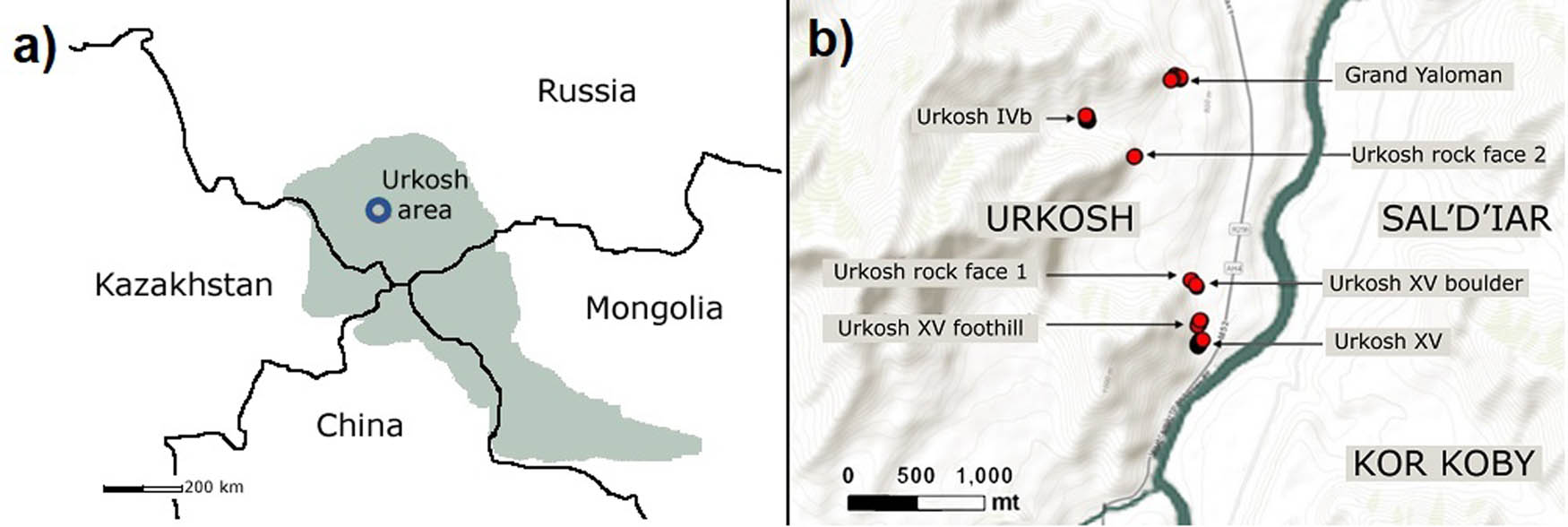 Figure 1
(a) Altai mountain range in grey. The circle indicates the location of the Urkosh area; (b) General map of Urkosh, Sal’d’iar and Kor-Koby with the locations of the test points.