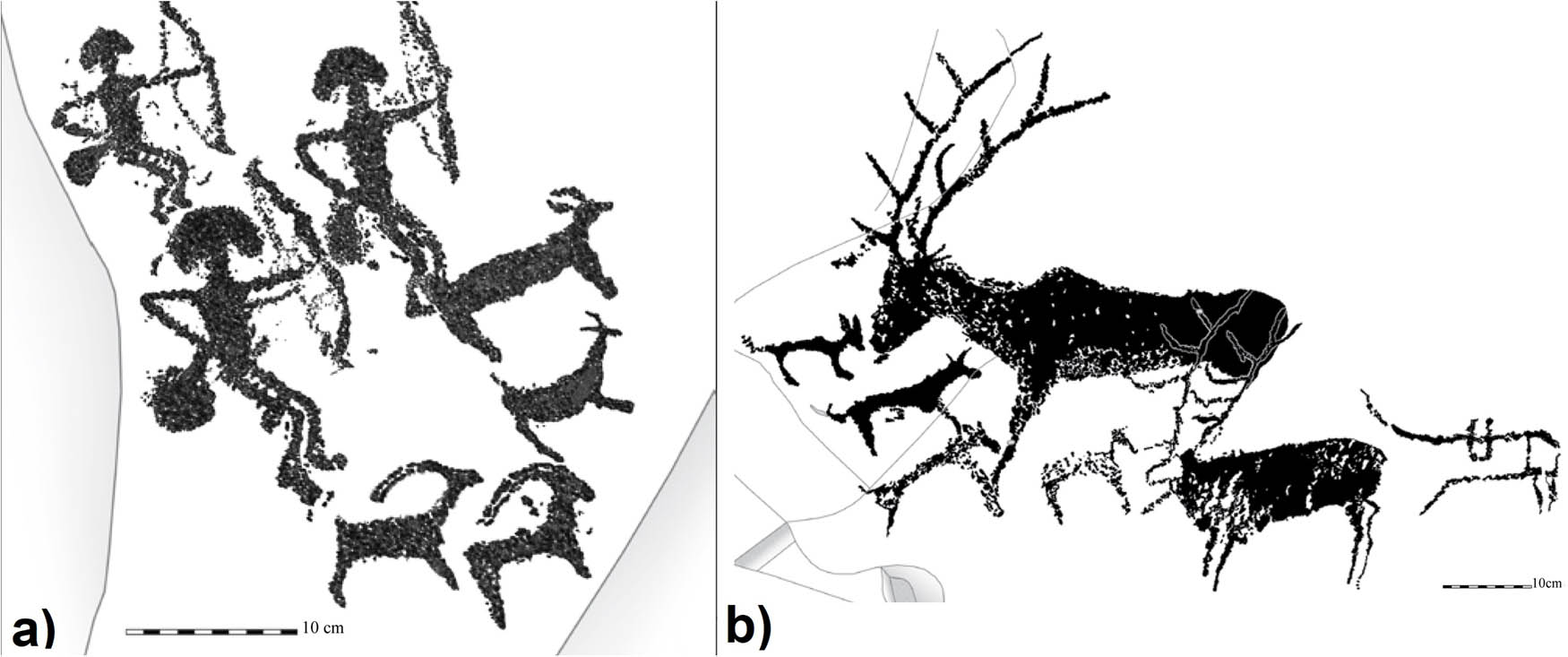 Figure 5
Grand Yaloman. (a) Partial reproduction by A. N. Mukhareva of a rock art panel with archers, a horse (?) and goats. Modified from Tishkin et al. (2016, Figure 20); (b) Partial reproduction by A. N. Mukhareva of the rock art panel with a deer-hunting scene. Modified from Tishkin et al. (2016, Figure 27).