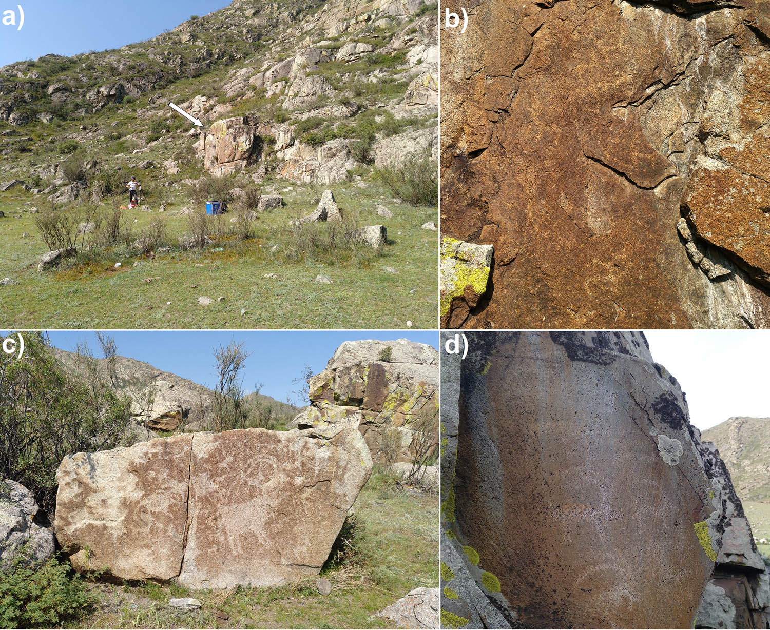 Figure 8
Urkosh XV foothill, Urkosh XV boulder and Urkosh IVb sites. (a) Urkosh XV foothill. The white arrow points towards the panel; (b) Detail of the Urkosh XV foothill rock art panel; (c) Urkosh XV boulder rock art site. (d) Urkosh IVb rock art panel. All photographs by M. Díaz-Andreu.