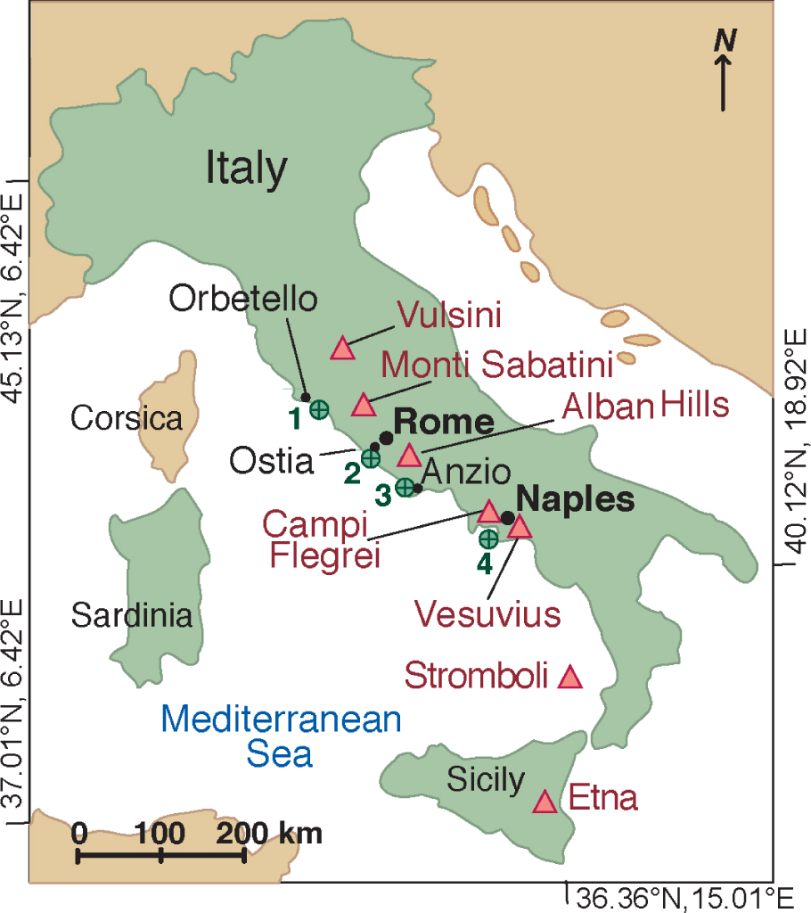 Figure 2 Ancient Roman concrete harbors and ROMACONS project drill sites, green circles: 1 = Portus Cosanus, 2 = Portus Traianus,3 = Portus Neronis, 4 = Baianus Sinus. Volcanic districts, red triangles (after Jackson et al. 2013a).