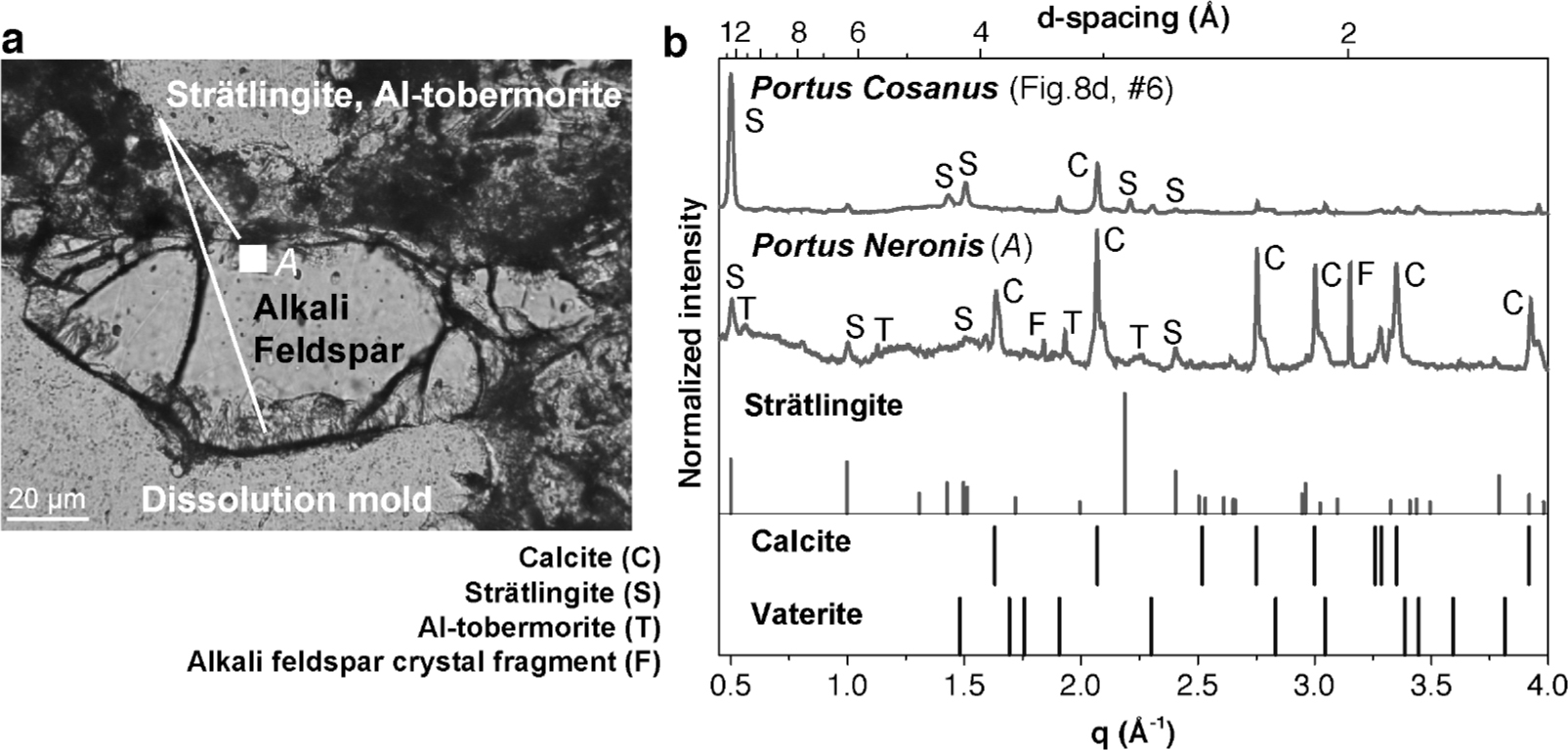 Figure 5 Dissolution of an alkali feldspar crystal fragment in Portus Neronis mortar and associated crystalline cementitious phases, stratlingite and Al-tobermorite, in the interfacial perimeter. (a) In situ dissolution produced a 100 μm2 dissolution mold in the already hardened cementing matrix, petrographic image. (b) X-ray microdiffraction patterns for cementitious minerals in the interfacial zone of the partially dissolved alkali feldspar single crystal (F) include strätlingite (S), Al-tobermorite (T), and calcite (C). Only weak reflections of the feldspar single crystal are shown by the monochromatic X-ray beam; q is calculated as 2π/d-spacing.