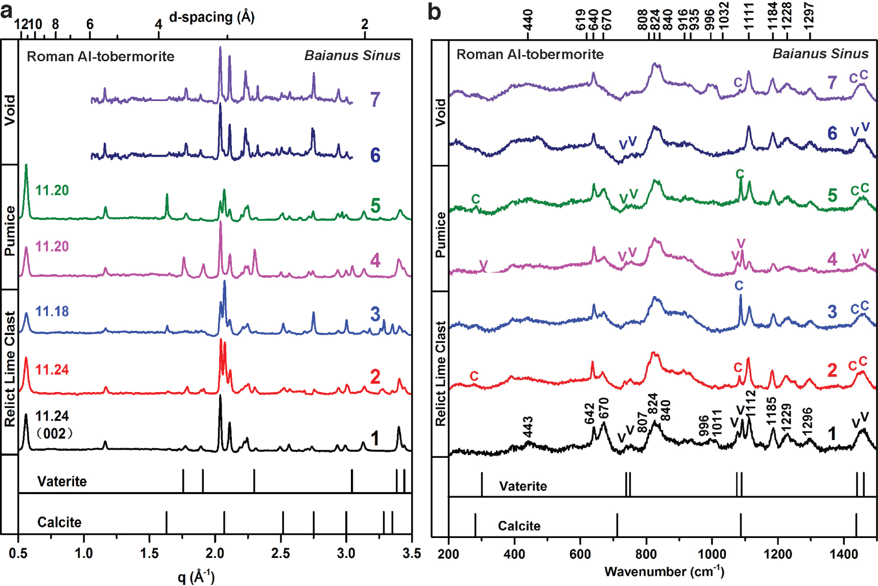 Figure 10 Al-tobermorite in diverse microstructural environments in Baianus Sinus mortar: relict lime clasts, pumice clasts and relict voids. (a) X-ray microdiffraction patterns from relict lime clasts, sites (1) LLP_24, (2) SPH3_28, (3) PM_L233; pumice clasts, sites (4) PM_P19, (5) PM_17; relict voids: sites (6) BAIZ_63, (7) BAIZ_15 (see Fig. 9d, locations 63 and 15). (b) Raman spectra from the same or nearby crystals in the same microstructures: relict lime clasts: sites (1) LLP_15, (2) SPH3_29, (3) PL_1; pumice clasts, sites (4) PL_4, (5) PL_5; relict voids: sites (6) BAIZ_19, (7) BAIZ_17 (see Fig. 9d, near 59). Raman spectra for calcite and vaterite (Behrens et al. 1995; Wehrmeister et al. 2010).