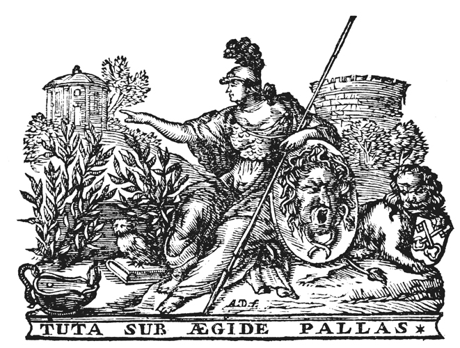 Depiction of Athena with helmet and spear, leaning on her shield, below which is written “Tuta sub aegide Pallas”