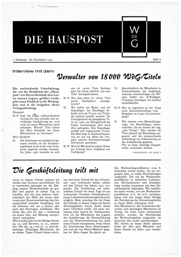Magazine page titled “Die Hauspost” with the De Gruyter logo at the top, containing an interview and a message from management