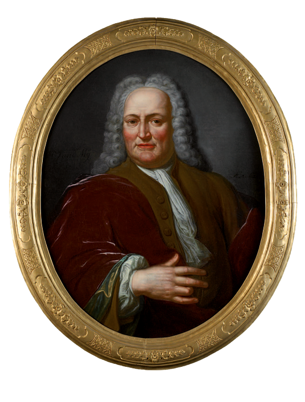 Painting of Samuel Luchtmans I, a man in a gray curly wig, in a circular golden frame