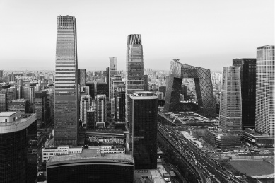 Black and white aerial photograph of Beijing