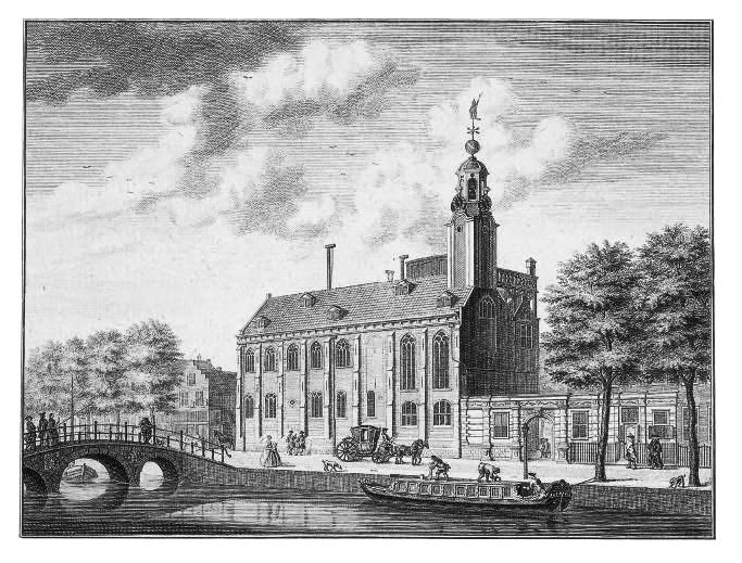 Drawing of the first university building in Leiden, a former church, on the Rapenburg canal
