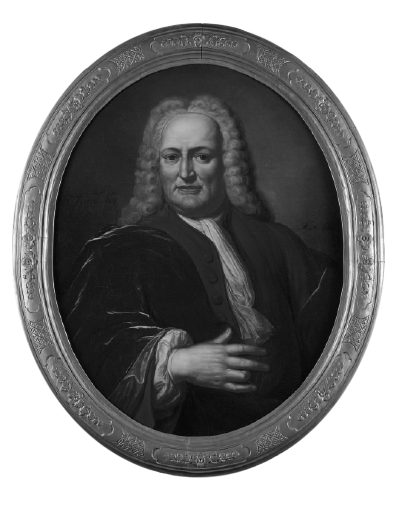 Gemälde in einem runden Goldrahmen, das Samuel Luchtmans I, einen Mann mit grauer Lockenperücke, darstellt