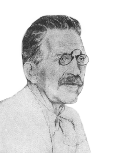 Drawing of Walter de Gruyter in profile, a man with a moustache and round glasses